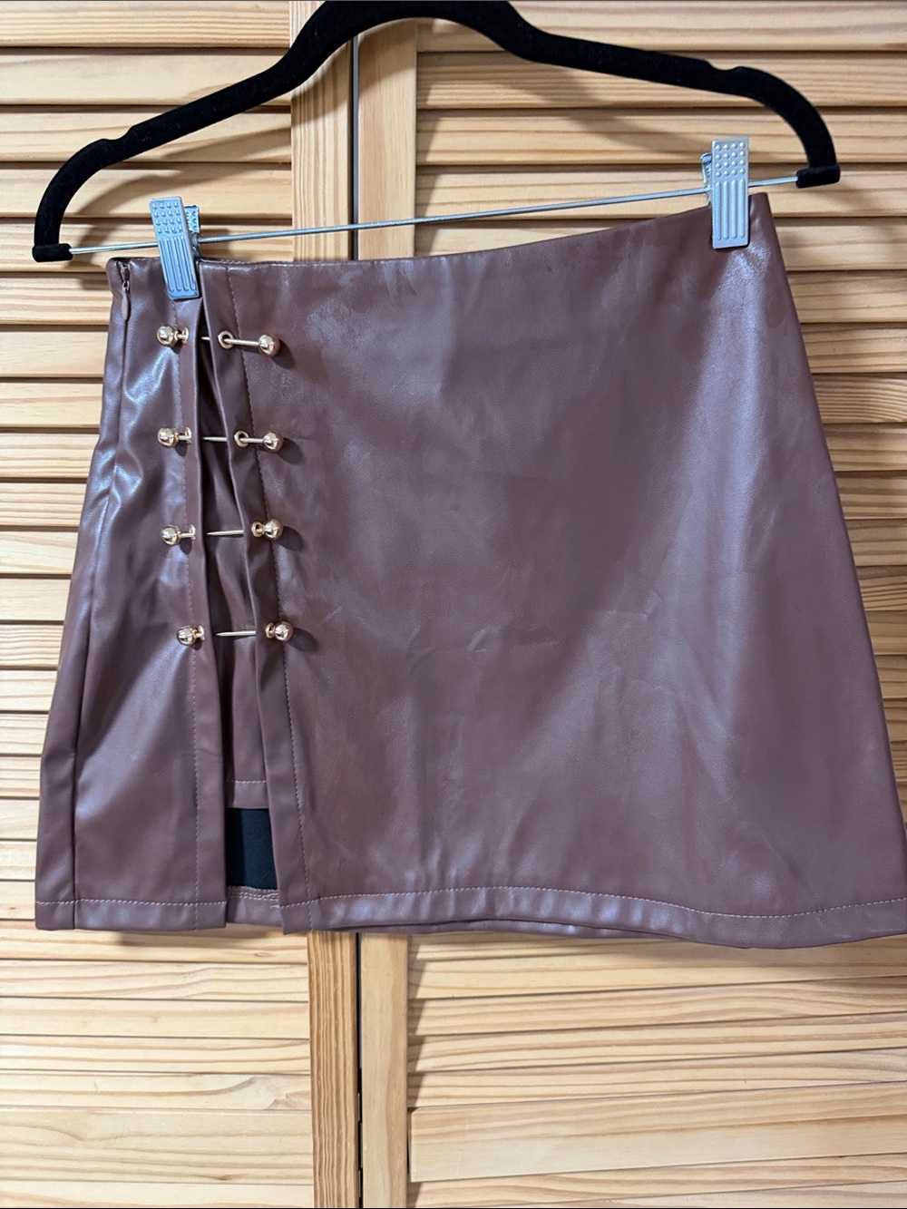 Faux Leather Brown Mini Skirt with Gold Hardware
